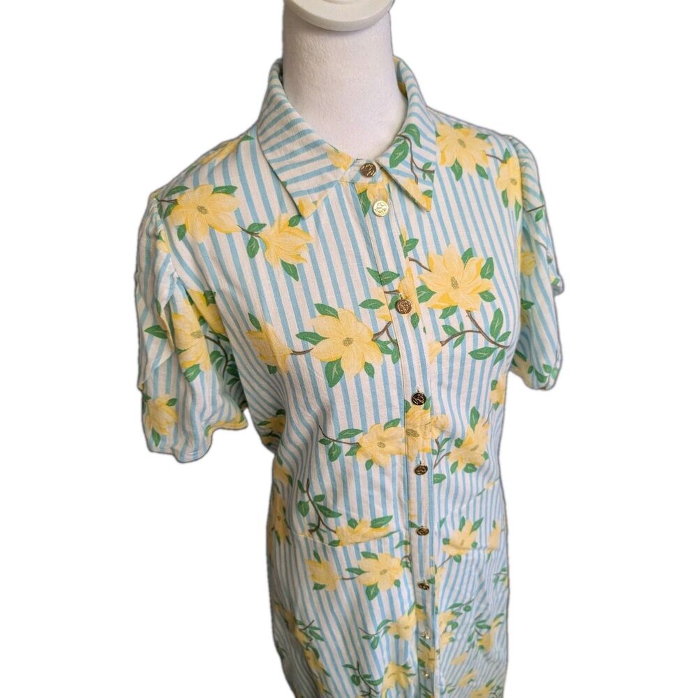Draper James Floral Dress Lg Magnolias Flutter Sleeve Linen Blend Button Front